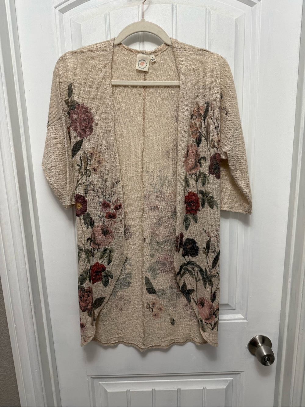 Live In The Moment Sweater Womens Small Floral Open Cardigan Long Ivory (42-7)